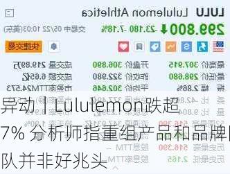 
异动｜Lululemon跌超7% 分析师指重组产品和品牌团队并非好兆头