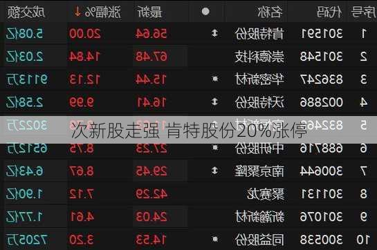 次新股走强 肯特股份20%涨停