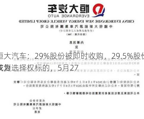 恒大汽车：29%股份被即时收购，29.5%股份成为选择权标的，5月27
恢复
