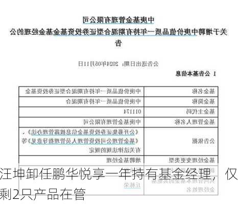 汪坤卸任鹏华悦享一年持有基金经理，仅剩2只产品在管