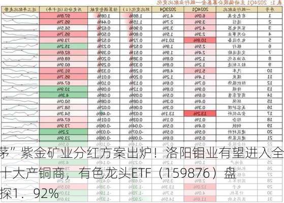 “铜茅”紫金矿业分红方案出炉！洛阳钼业有望进入全球前十大产铜商，有色龙头ETF（159876）盘中上探1．92%