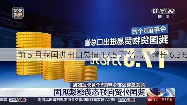 前 5 月我国进出口总值 17.5 万亿元，增长 6.3%