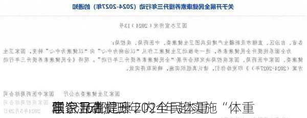 国家卫生健康
联合16部门：2024年起实施“体重
年”活动，三年内全民体重
意识显著提升