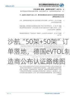 沙航“50架+50架”订单落地，德国eVTOL制造商公布认证路线图