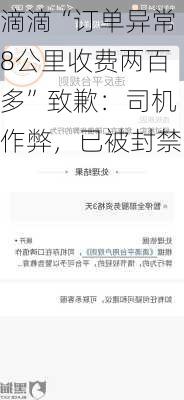 滴滴“订单异常8公里收费两百多”致歉：司机作弊，已被封禁