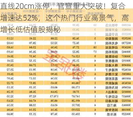 直线20cm涨停，官宣重大突破！复合增速达52%，这个热门行业高景气，高增长低估值股揭秘