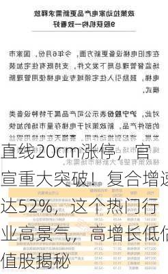 直线20cm涨停，官宣重大突破！复合增速达52%，这个热门行业高景气，高增长低估值股揭秘