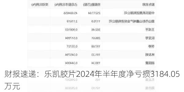 财报速递：乐凯胶片2024年半年度净亏损3184.05万元