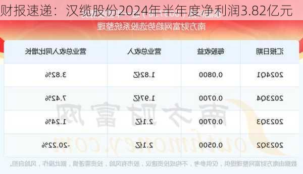 财报速递：汉缆股份2024年半年度净利润3.82亿元