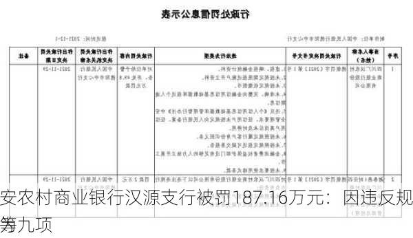 雅安农村商业银行汉源支行被罚187.16万元：因违反规定等九项
行为