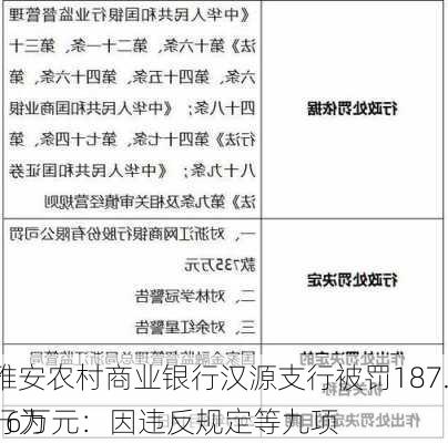 雅安农村商业银行汉源支行被罚187.16万元：因违反规定等九项
行为