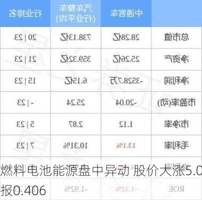 燃料电池能源盘中异动 股价大涨5.07%报0.406
