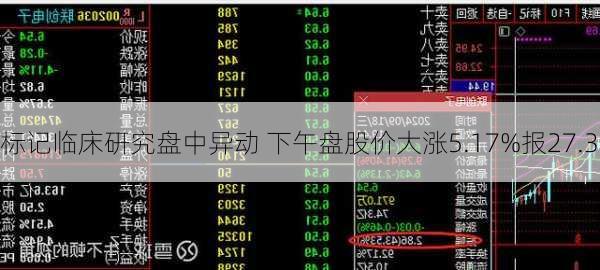 标记临床研究盘中异动 下午盘股价大涨5.17%报27.35
