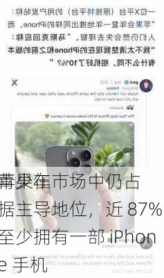 苹果在
青少年市场中仍占据主导地位，近 87% 至少拥有一部 iPhone 手机