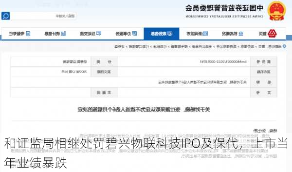 
和证监局相继处罚碧兴物联科技IPO及保代，上市当年业绩暴跌