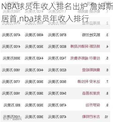 NBA球员年收入排名出炉 詹姆斯居首,nba球员年收入排行